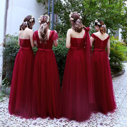 Burgundy Long Women Princess Bridesmaid Banquet Party Gown Dress