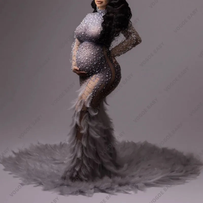 2pcs Beading Maternity Dress Glittering Feather Baby Shower Robe Pregnancy Photoshoot Dress