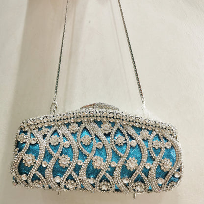 New Crystal Sky Blue Woman Clutch Purse Elegant Stones Evening Metal Handbag Bridal Wedding Party Clutches