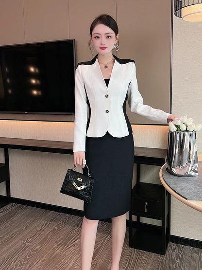 Color Block Blazer Skirt Two Piece Dress Sets Elegant Women Outfit Office Formal Suit Set