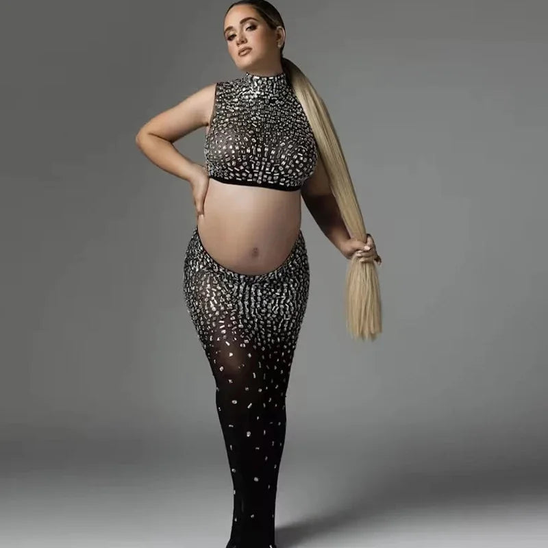 Maternity Embellished Top and Bottom Rhinestones Skirt Dress Pregnancy Photoshoot Baby Shower Wear