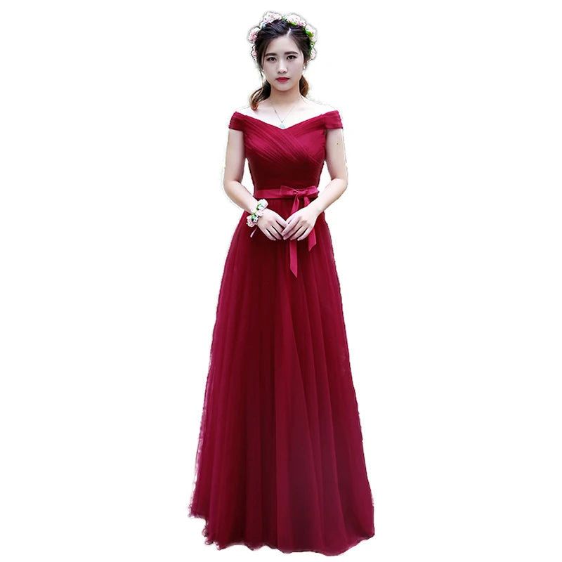 Burgundy Long Women Princess Bridesmaid Banquet Party Gown Dress