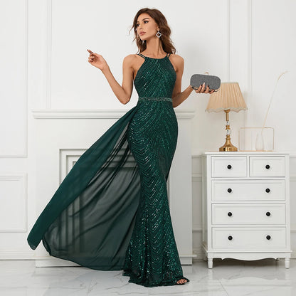 Elegant Green Sequin Evening Dress Party Maxi Dress With Detachable Chiffon Train Women Beading Long Prom Dress