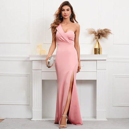 Women One Shoulder Simple Evening Dress Pink Celebrity Party Maxi Dress Slash Neck Long Dress