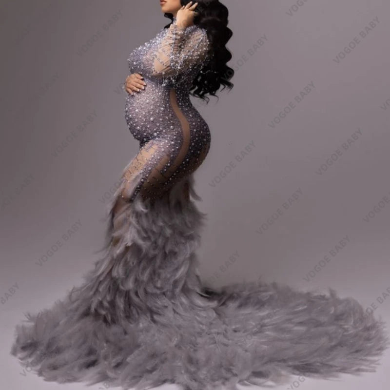 2pcs Beading Maternity Dress Glittering Feather Baby Shower Robe Pregnancy Photoshoot Dress