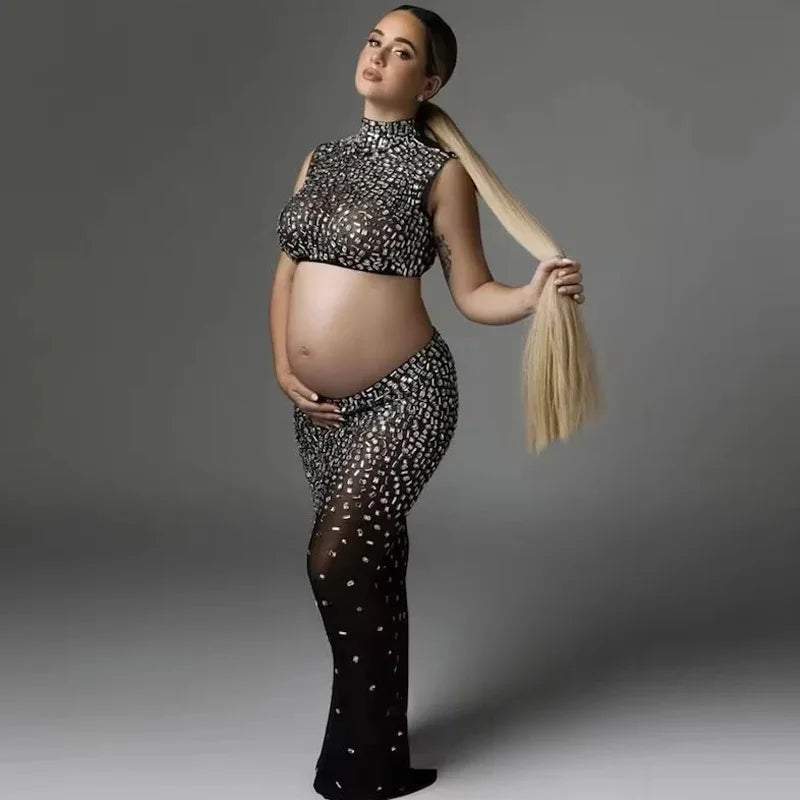 Maternity Embellished Top and Bottom Rhinestones Skirt Dress Pregnancy Photoshoot Baby Shower Wear