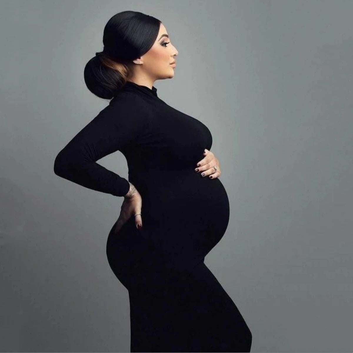 High Neck Full Sleeve Maternity Skinny Dress Pregnant Woman Stretchy Long Dress