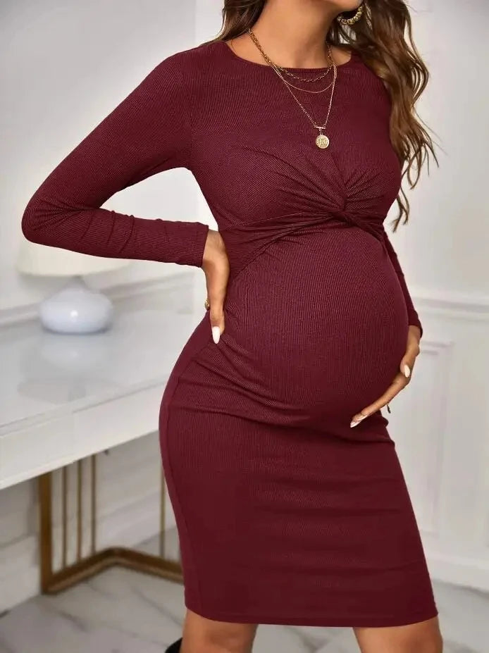 Solid Maternity Long Sleeve Dresses 2024 Autumn Pregnant Women Cross Knitted Maternity Dress