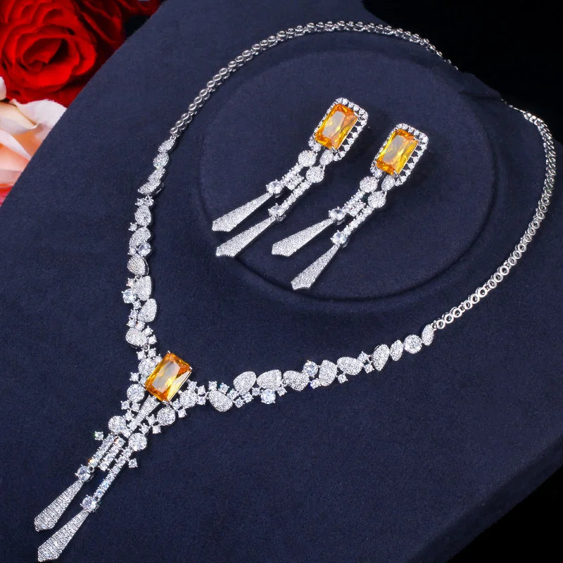 Classic Square Yellow CZ Long Dangle Tassel Necklace Earrings Wedding Bride Jewelry Women Set