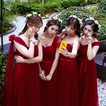 Burgundy Long Women Princess Bridesmaid Banquet Party Gown Dress