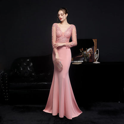 Women Pink Long Dress V-Neck Appliques Full Sleeve Evening Dress See through Elegant Party Dress