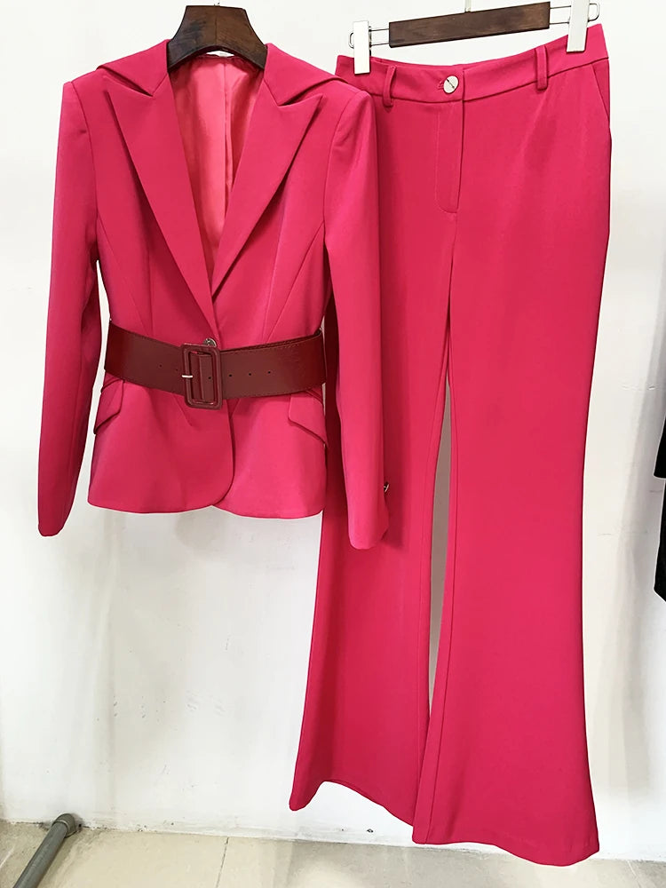 HIGH STREET 2024 Designer Suit Set Women's Slim Fitting Single Button Belted Blazer Flare Pants 2pc Set