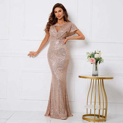 Elegant Long Gold Sequin Dress V Neck Party Maxi Dress Women Prom Evening Outfit