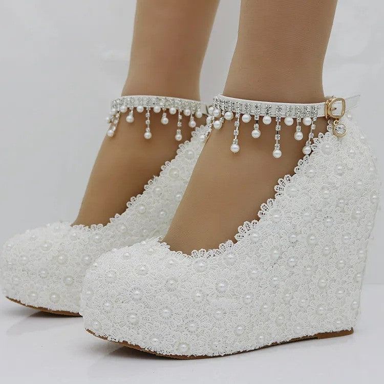 New White/Pink Lace-Up Wedding Girl Shoes 11cm High Heels Bridesmaid Fashion Ankle Strap Women Pumps