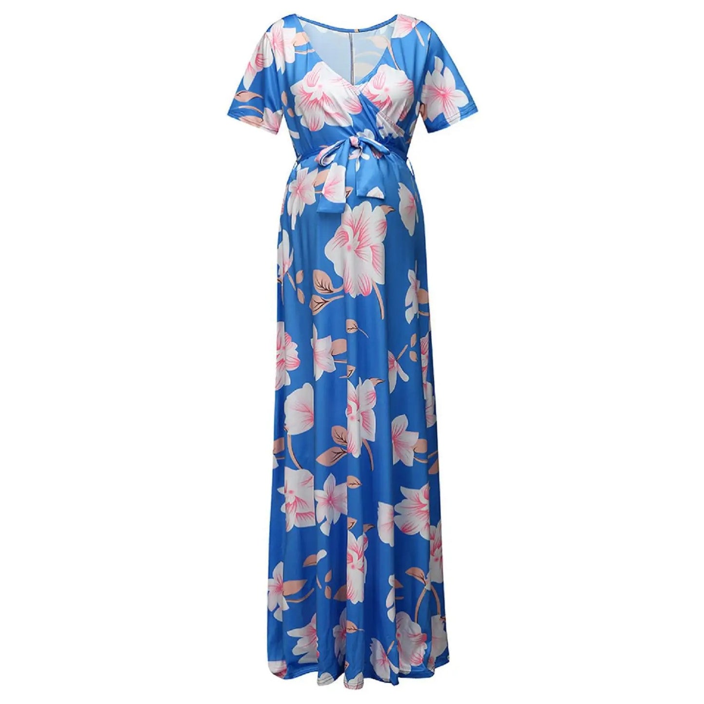 Maternity Dress Women Floral Print Short Sleeve V-Neck Long Pregnancy Casual Summer Outfit