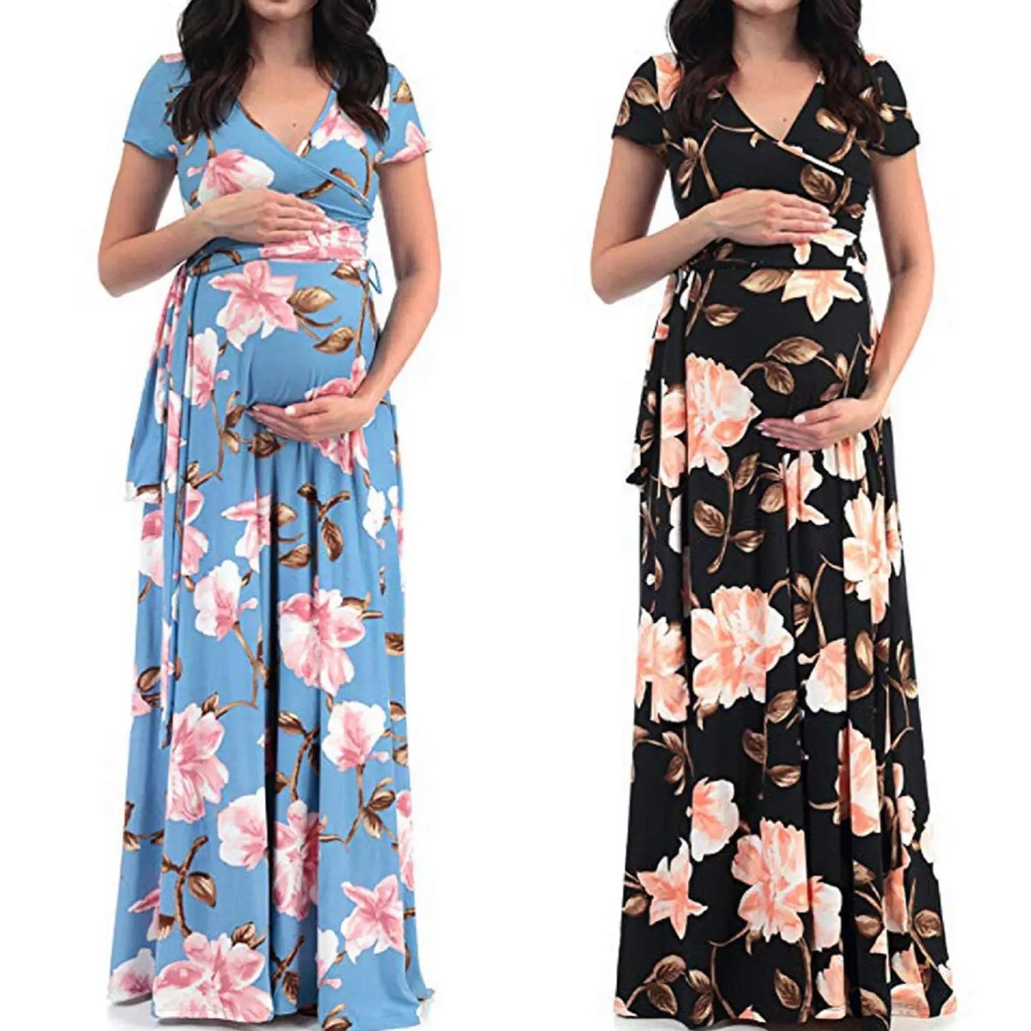 Maternity Dress Women Floral Print Short Sleeve V-Neck Long Pregnancy Casual Summer Outfit