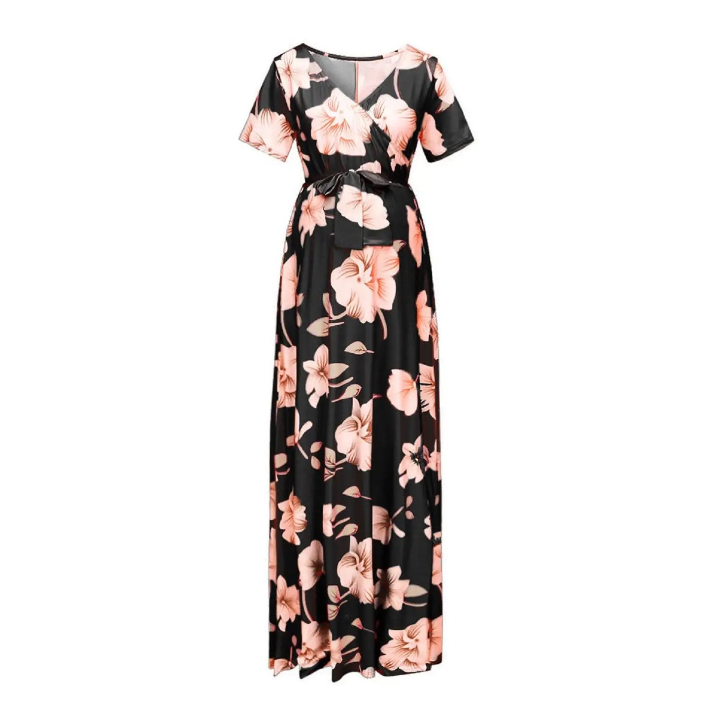 Maternity Dress Women Floral Print Short Sleeve V-Neck Long Pregnancy Casual Summer Outfit