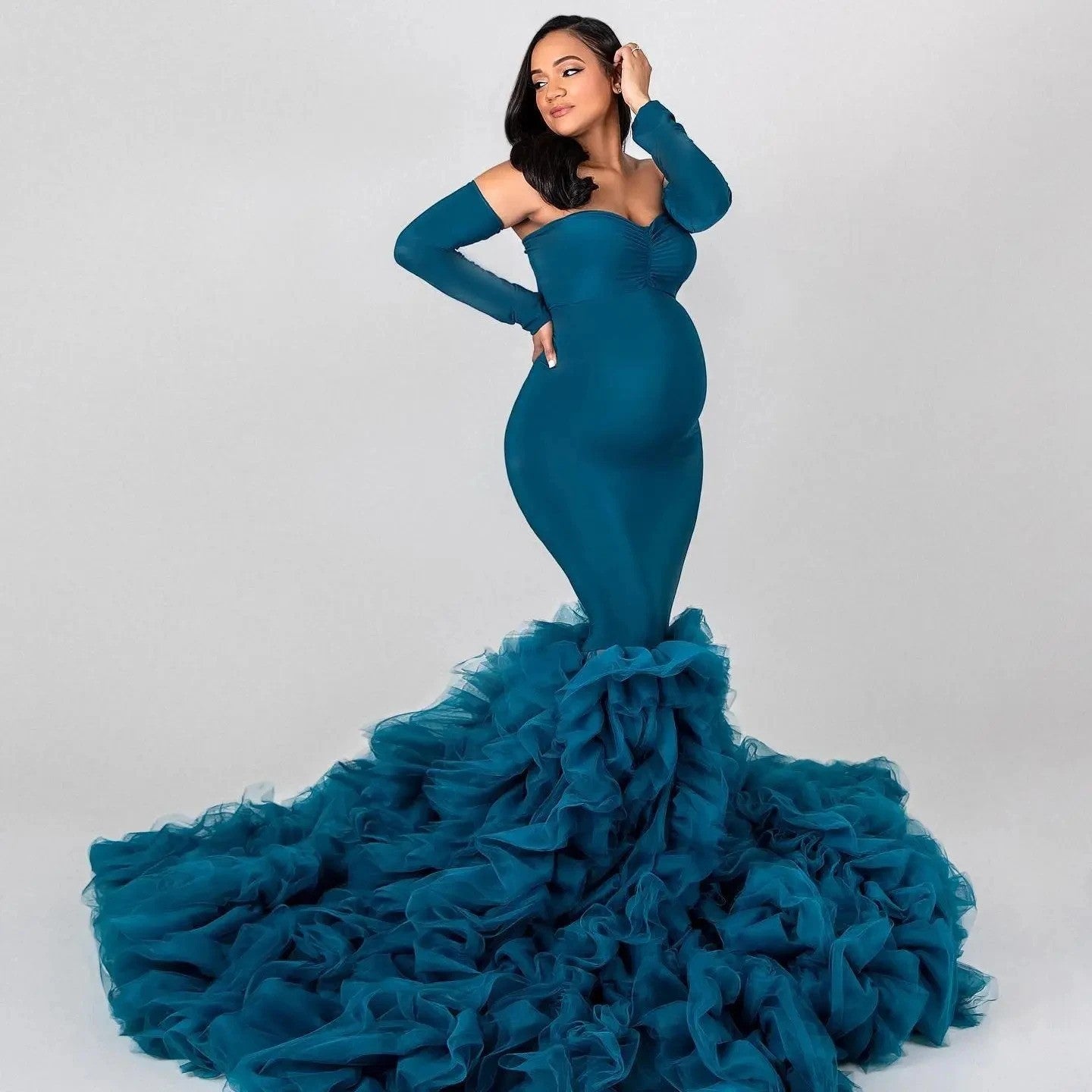 Mermaid Maternity Robes Off Shoulder Spandex Baby Shower Photoshoot Dresses