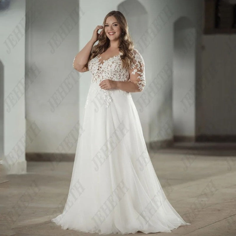 Plus Size Wedding Dresses For Woman Illusion Back Lace Applique Bride Gowns Classic Outfit