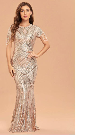 Women Gold Sequin Evening Dress