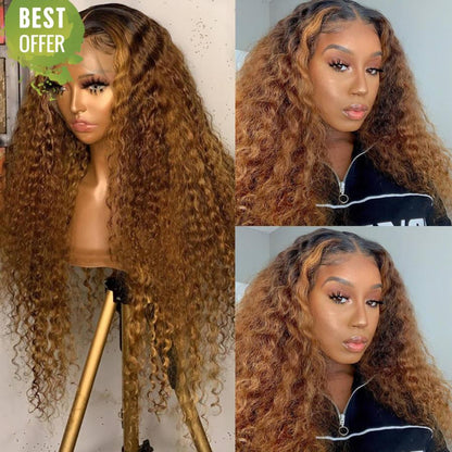 RULINDA T-part Lace Front Human Hair Wigs With Baby Hair Highlight Ombre Color Curly Brazilian Remy Hair Lace Wigs 180% Density