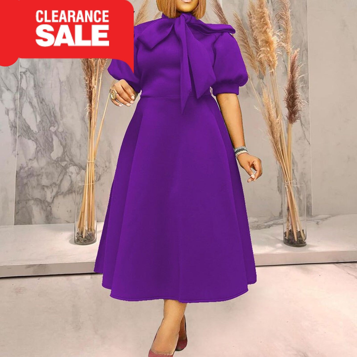 Women Half Sleeve Bow Dress Purple / S