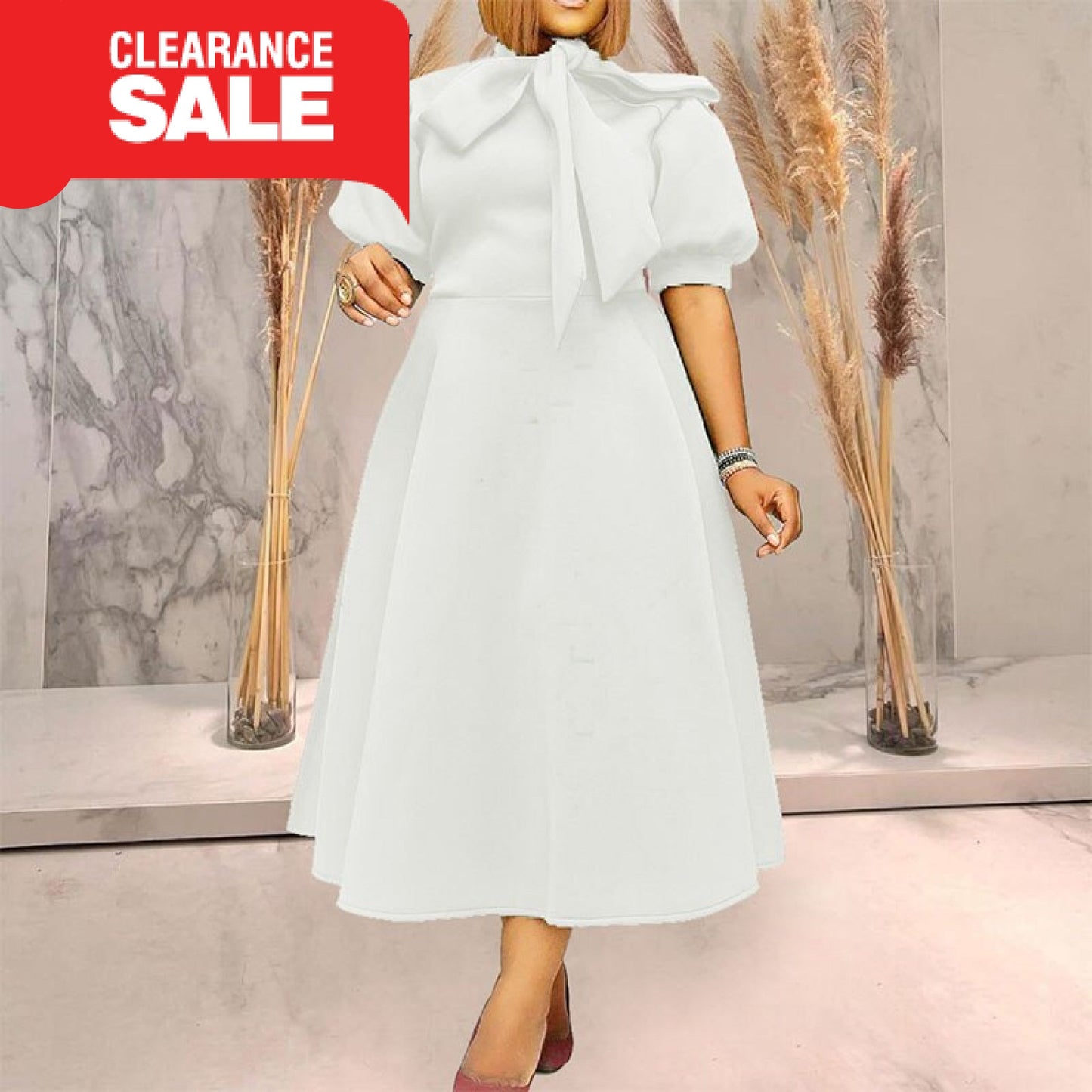 Women Half Sleeve Bow Dress White / S