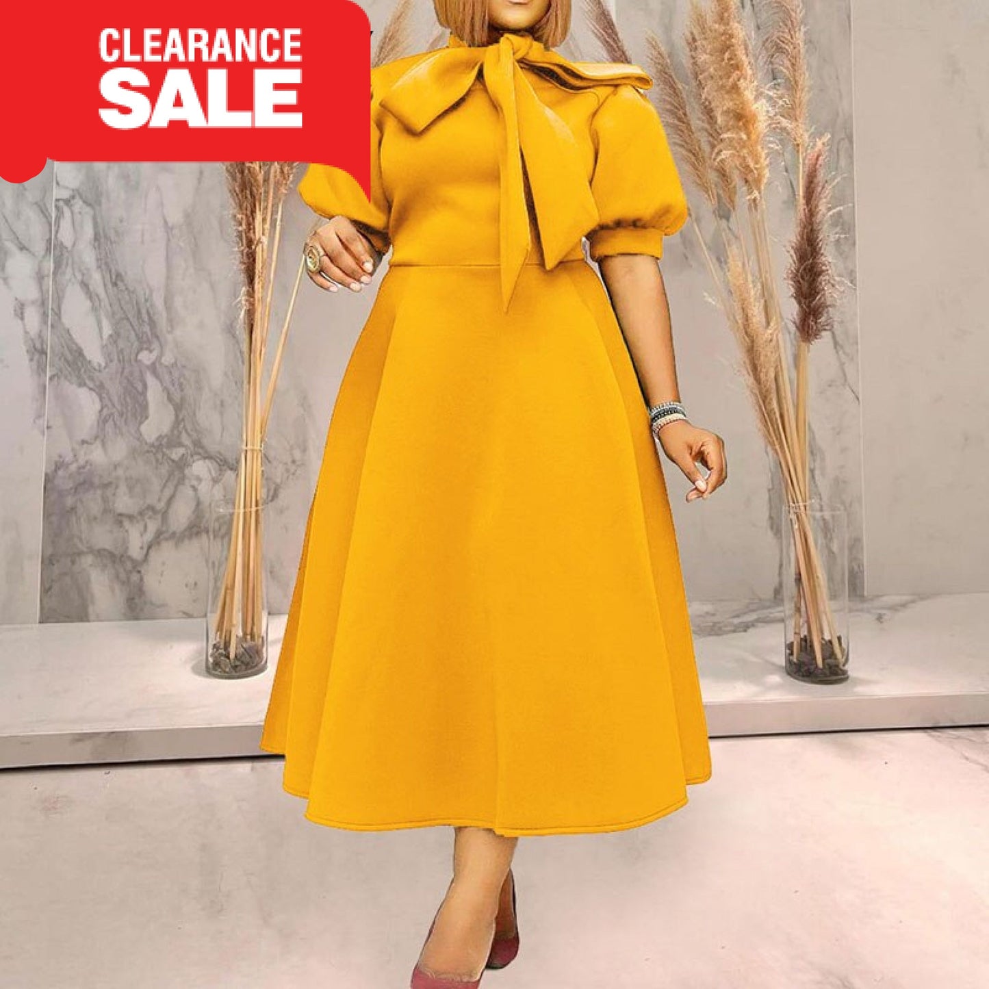 Women Half Sleeve Bow Dress Yellow / S